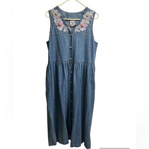 VTG 80s 90s Floral Western Denim Chambray Pearl Button-down Maxi Dress SZ L